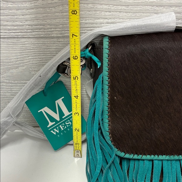 Montana West Brown Faux Calves Hair and Leather Teal Fringe Crossbody Bag - Picture 10 of 11